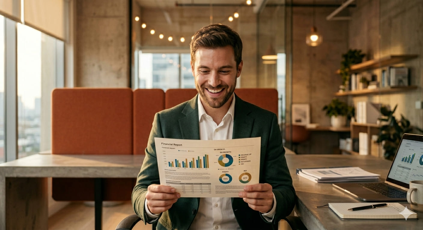 Mesa de trabalho com notebook, documentos e ambiente de gestão financeira
